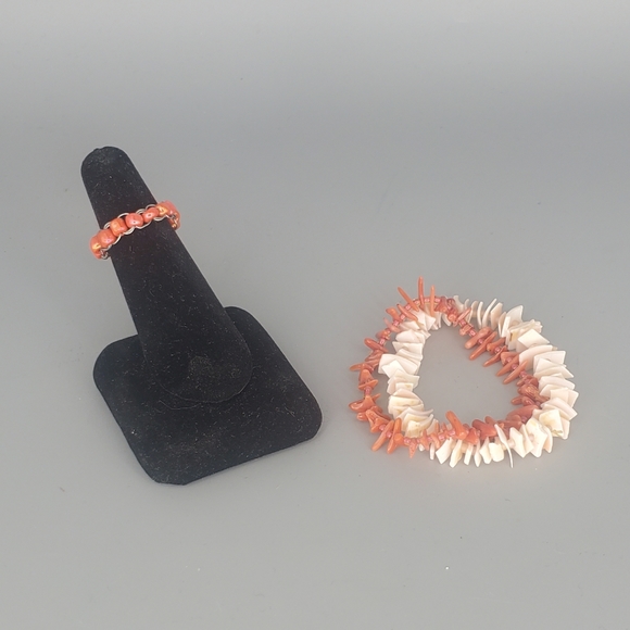 Shells and Coral Beaded Bracelet and Ring Set - Picture 2 of 11